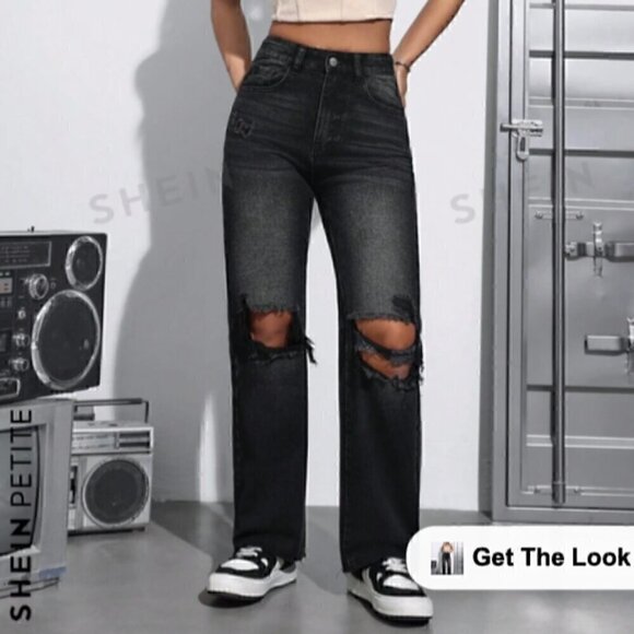 Shein Women's Ripped Boyfriend Jeans Distressed High Waisted Denim Jeans Black M - Picture 1 of 9